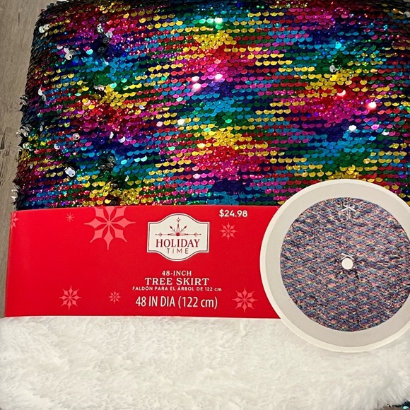 - NEW Holiday Time Christmas tree skirt rainbow sequence with 2 matching s… - Picture 3 of 7
